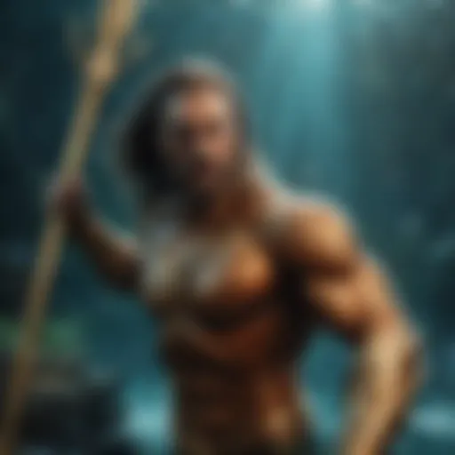 Aquaman wielding his trident in a majestic underwater scene