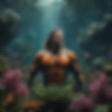 Aquaman surrounded by a swirl of vibrant underwater flora and fauna