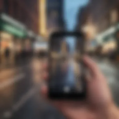 User navigating city streets with iPhone