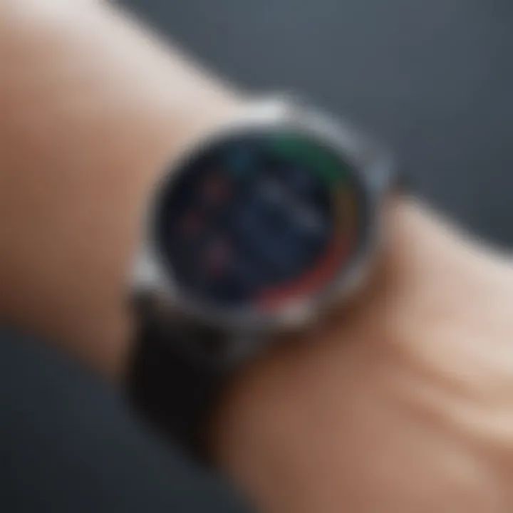 A close-up of a Samsung smartwatch with health tracking features highlighted