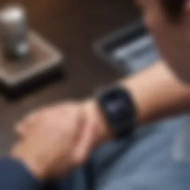 User Interaction with Blood Pressure Monitoring App User engaging with a blood pressure monitoring app on a Samsung smartwatch