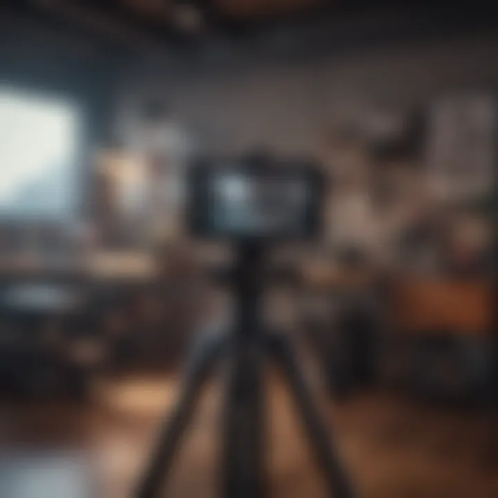 A creative setup featuring an iPhone mounted on a tripod with cinematic lighting in the background.