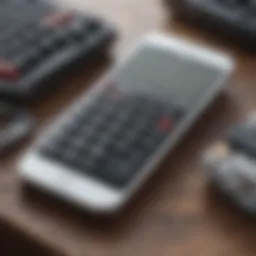 A close-up view of an iPhone SE on a table with a trade-in value calculator
