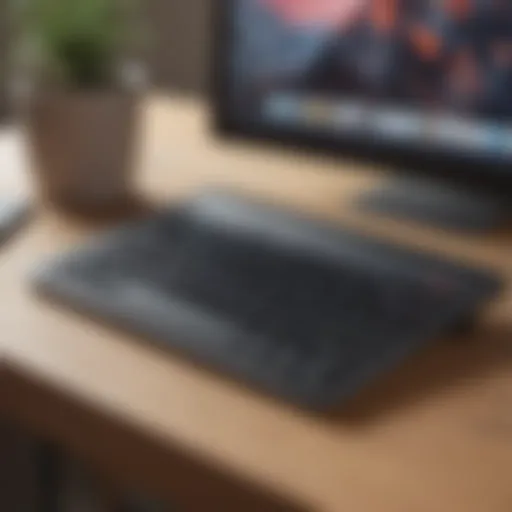 A sleek Bluetooth keyboard paired with an iPad on a modern desk.