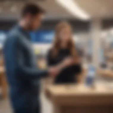 Customer Engaging with Apple Store Offers A customer analyzing offers on a mobile device in the Apple Store