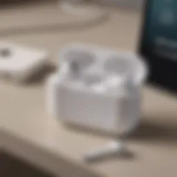 A close-up of Apple AirPods Pro placed on a modern desk with a smartphone displaying a payment plan app.