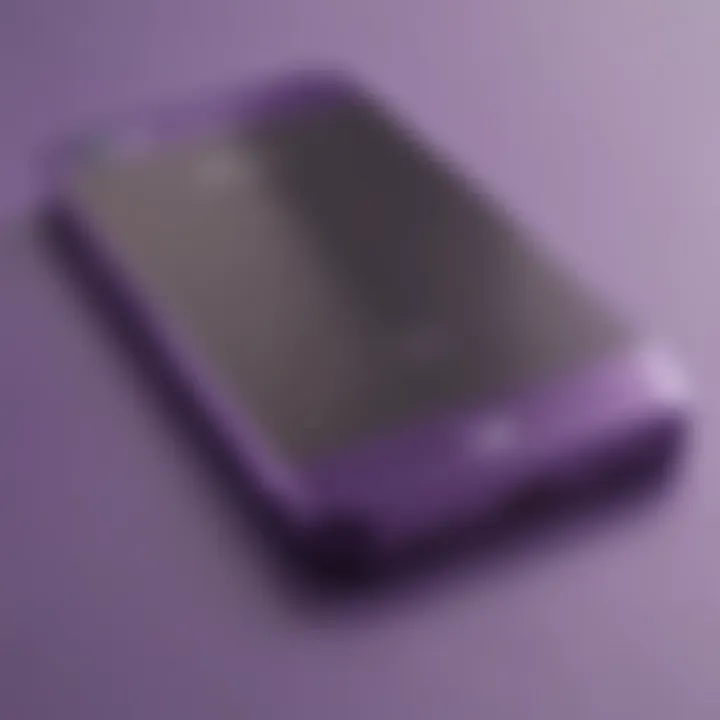 Close-up view of the purple iPhone showcasing its sleek design and finish