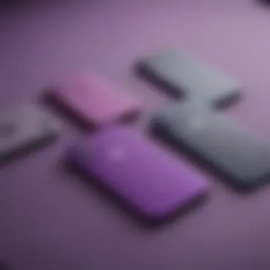 Purple iPhone displayed alongside other color variants for comparison