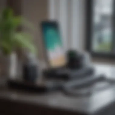 Innovative Charging Station Design Close-up of a modern wireless charging station with various gadgets