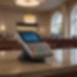 Luxurious hotel lobby with Apple Pay signage