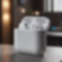 Illustration of AirPods inside their case with Bluetooth signal visual