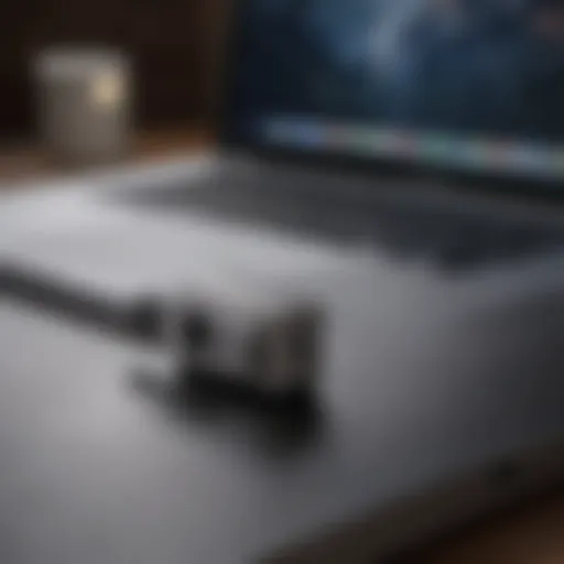 A sleek MacBook Pro with a security lock adapter attached, showcasing enhanced device security.