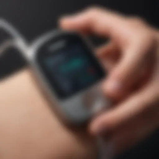 A close-up view of a continuous glucose monitor displaying real-time glucose readings.