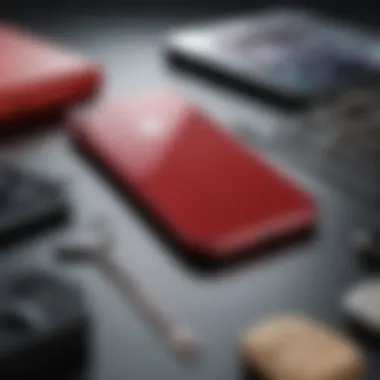 Red iPhone XR Surrounded by Tech Accessories