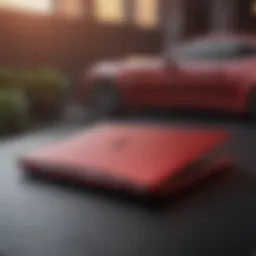 The striking red exterior of the MacBook Pro highlighting its unique color in the Apple lineup.