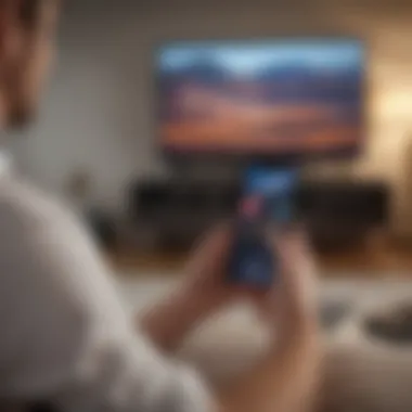 Person connecting iPhone to TV wirelessly