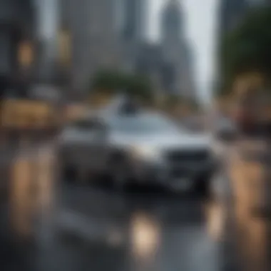 Uber's Role in Urban Transportation Uber vehicle in urban landscape emphasizing transportation.