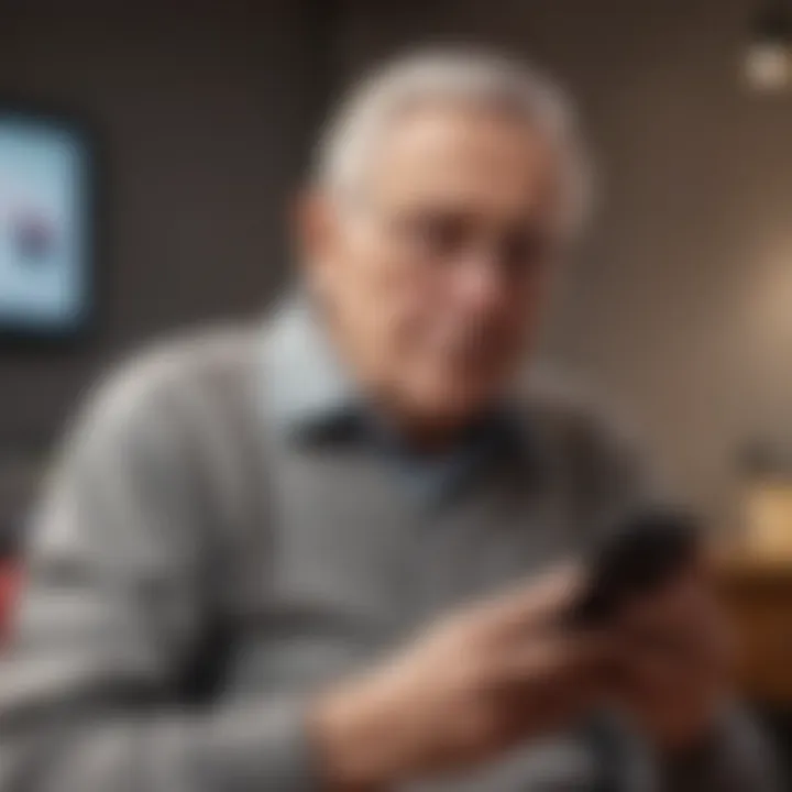 Elderly person using smartphone with Verizon logo in background