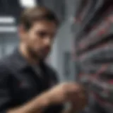 Verizon technician inspecting network cables