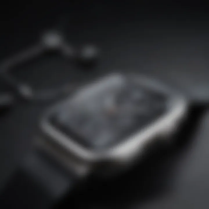 Illustration of a magnifying glass examining the details of an Apple Watch